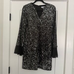 Calvin Klein Black and White Sheath Dress with Bell Sleeves